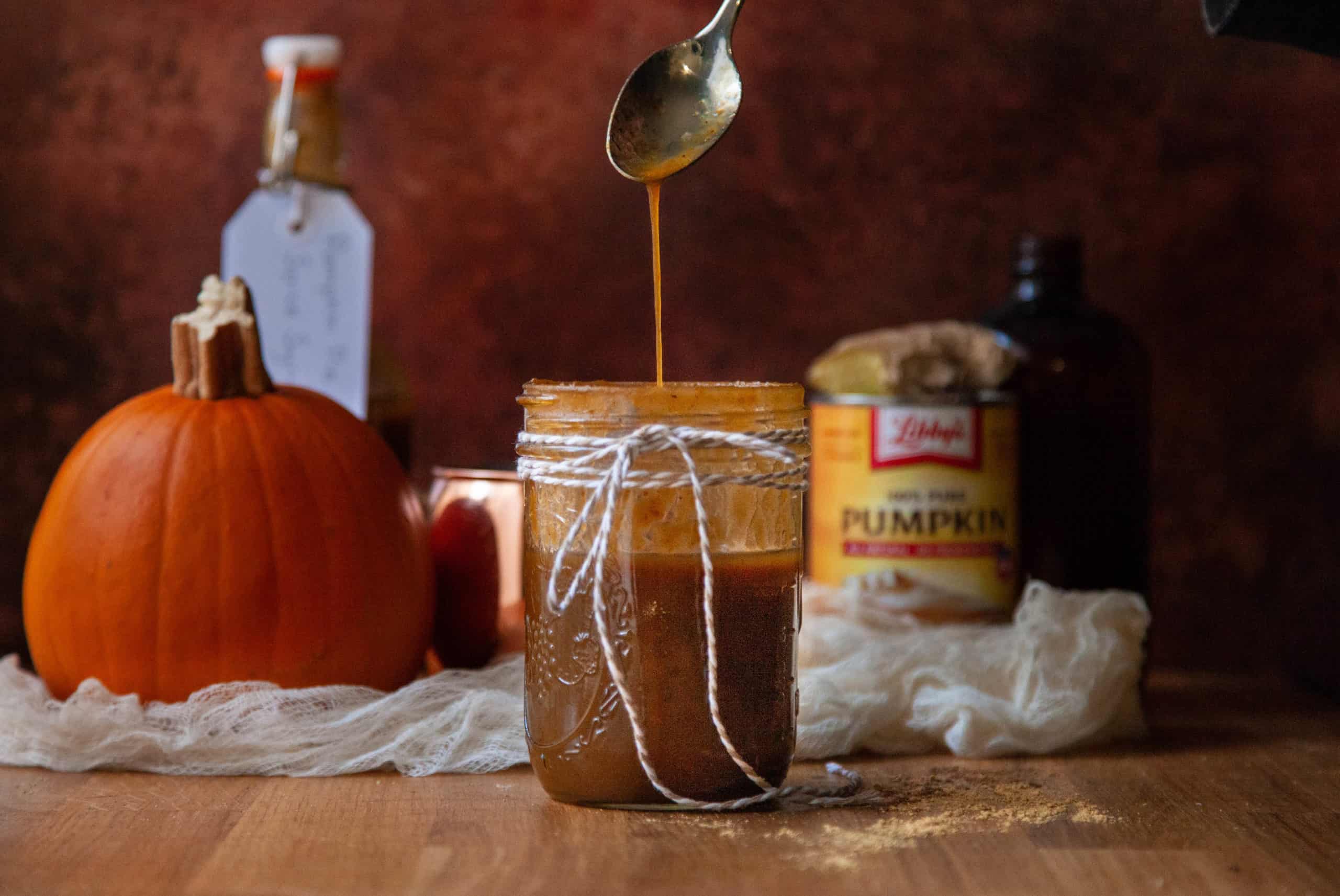 A jar of pumpkin pie spice syrup