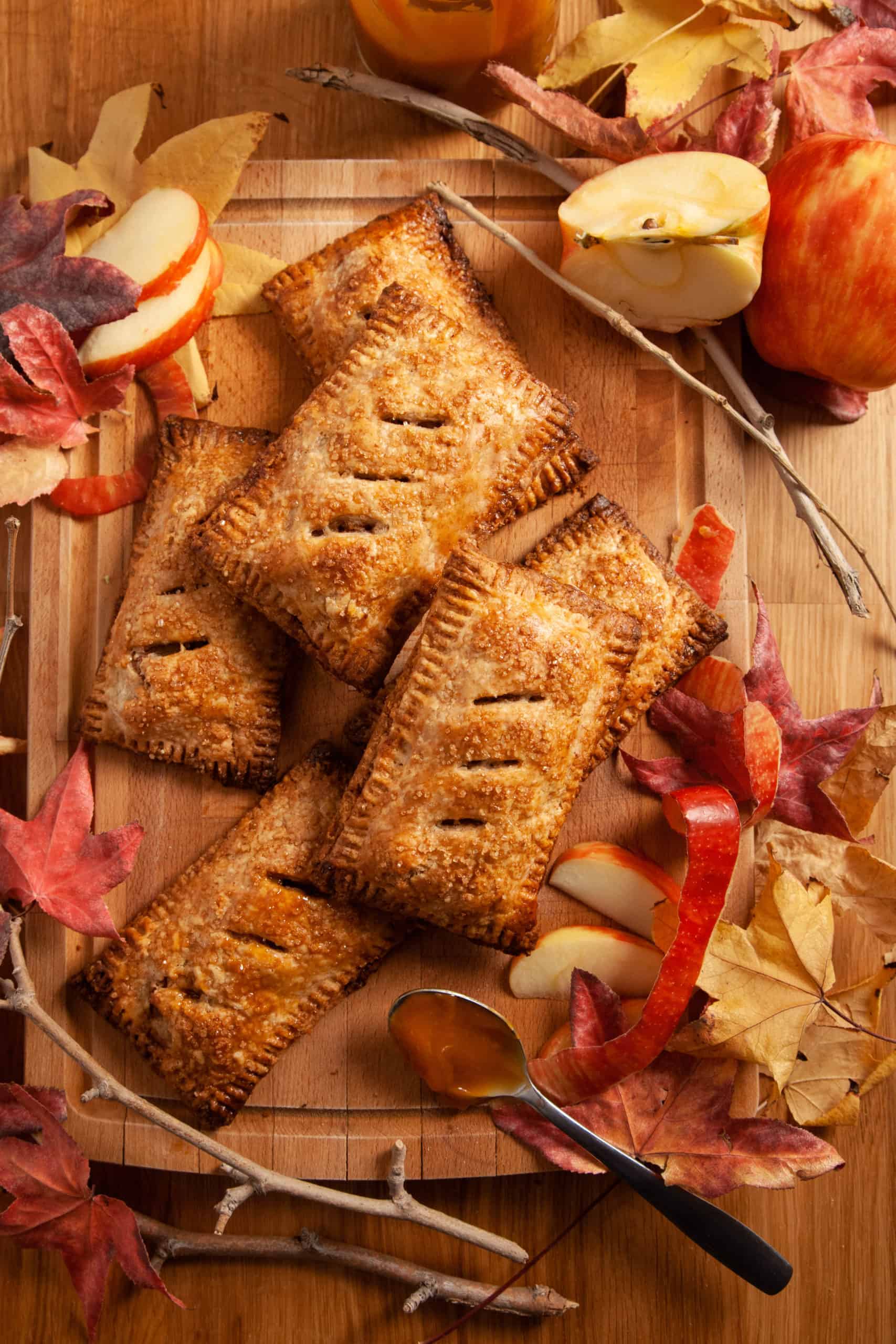 Apple hand pies with fall leaves and caramel