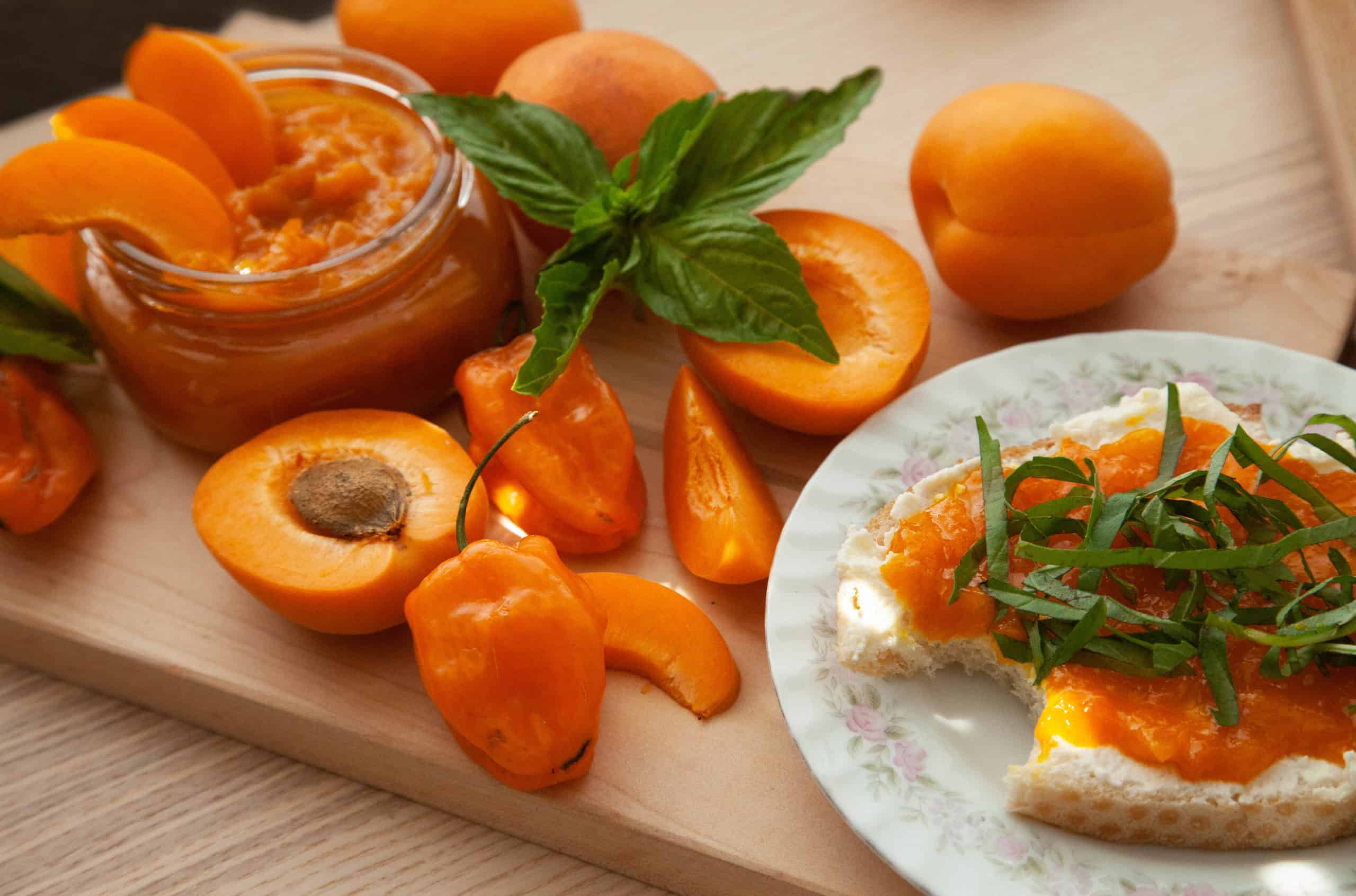 apricot and habanero jam on toast with basil and ricotta